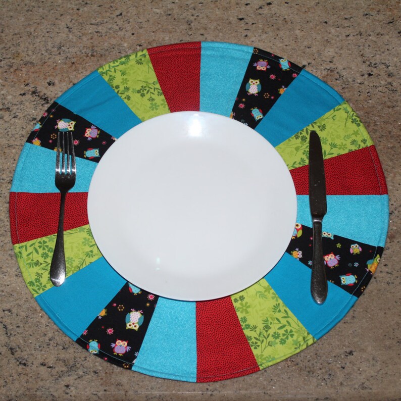 Handmade, Fabric, Centerpiece, Placemats, Table Runner, Owl, Blue, Red