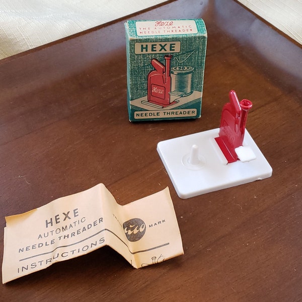 Vintage Hexe Automatic Red and White Plastic Needle Threader, Original Box with Instructions Made in Western Germany, #vintageneedlethreader