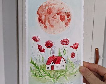 Moon Poppy House Watercolour // Deckled Edge // Folk Art Work // Original Giclée Print//