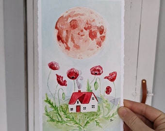 Moon Poppy House Watercolour // Deckled Edge // Folk Art Work // Original Giclée Print//