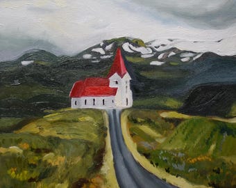 Original Oil Painting | Icelandic Church and Mountains| Icelandic Landscape