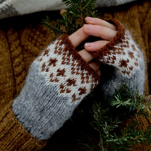 May include: A pair of gray and brown fingerless gloves with a geometric pattern. The gloves are held in a person's hands, with a green pine branch in the background.
