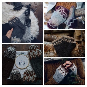 May include: A collection of four pairs of knitted fingerless gloves in various colours and patterns, including grey, brown, white, and red. The gloves are shown in different settings, including on a wooden surface, a white fur rug, and a person's hand.