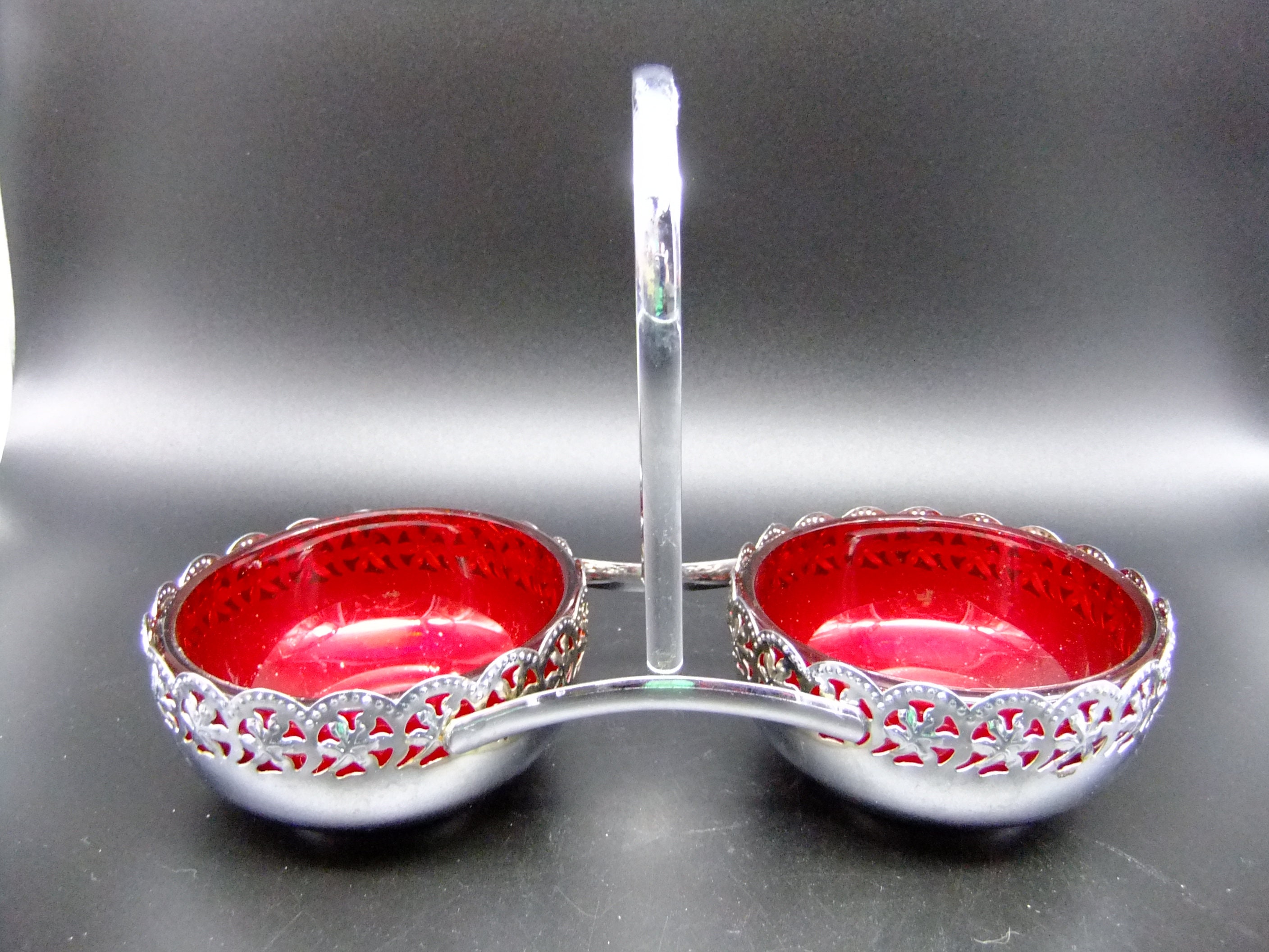 Vintage Ruby Glass Olive Cherry Cocktail Garnish Holder Chrome Caddy