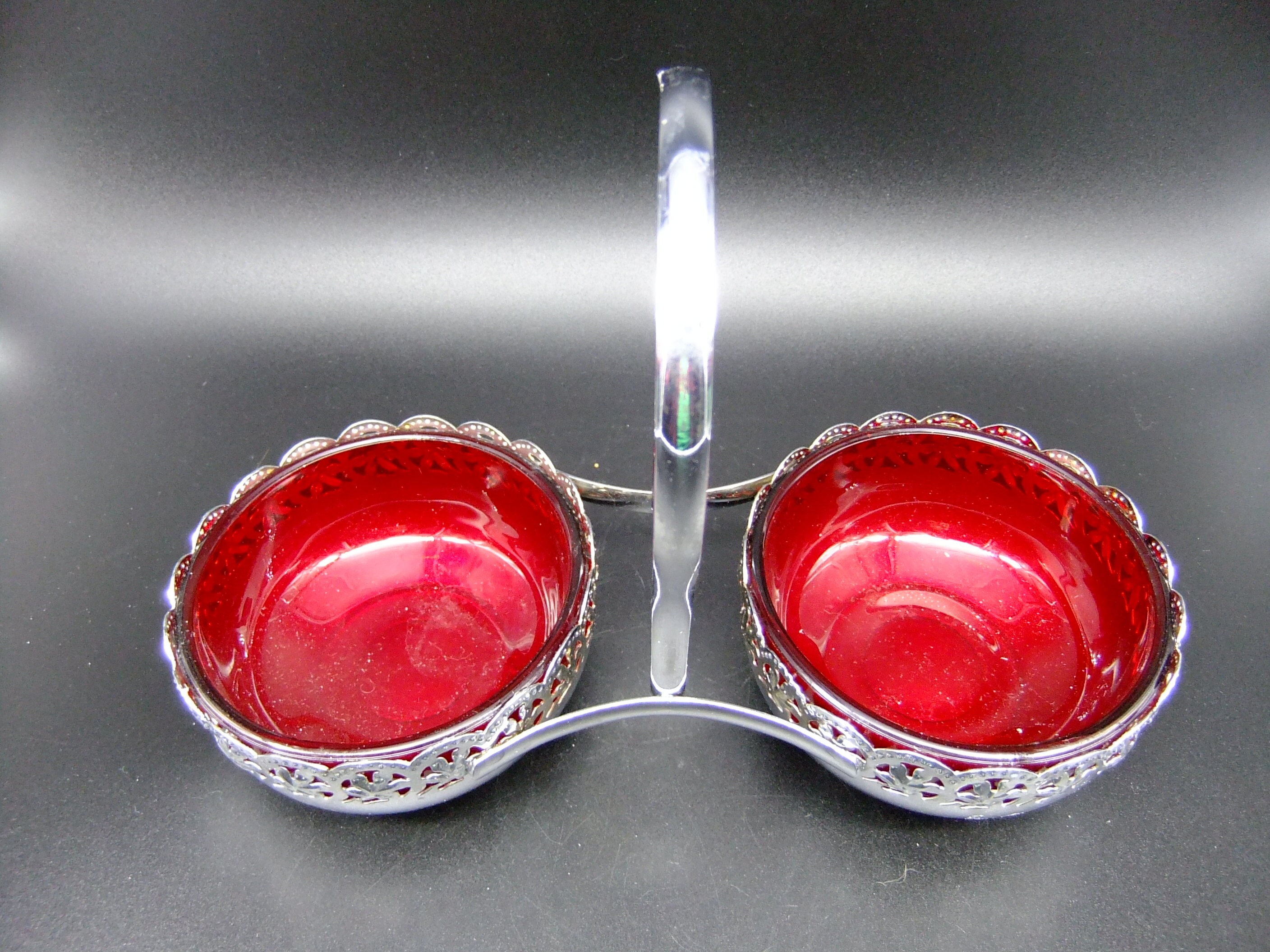 Vintage Ruby Glass Olive Cherry Cocktail Garnish Holder Chrome Caddy