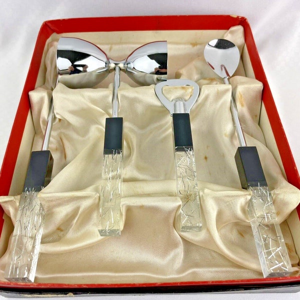 Vintage Lucite Handles Bar Tool Set Cocktail Martini Set Jigger Spoon Opener