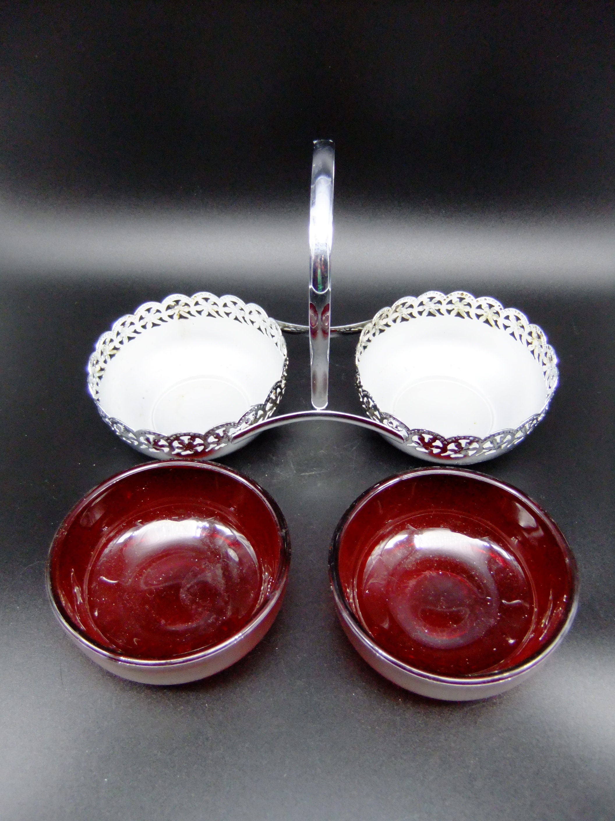 Vintage Ruby Glass Olive Cherry Cocktail Garnish Holder Chrome Caddy