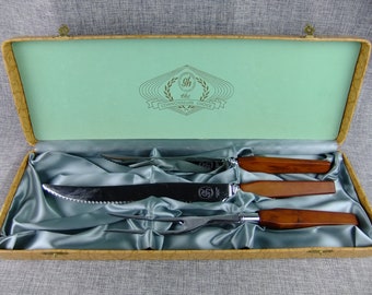 Mid Century Glo-Hill Meat Carving Set with Butterscotch Bakelite Handles Vintage