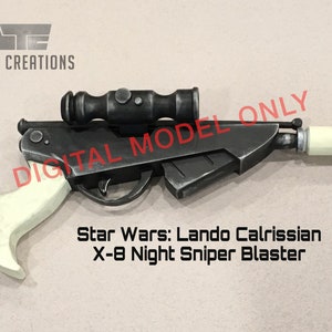 May include: A black X-8 Night Sniper Blaster prop replica from Star Wars: Lando Calrissian. The blaster has a white plastic grip and a scope.