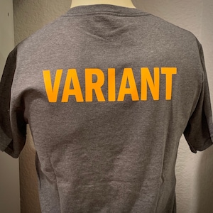 Könnte beinhalten: Ein graues T-Shirt mit dem Wort "VARIANT" in Orange auf der Rückseite.