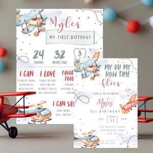 Airplane Birthday Invitation & Milestone Sign Set Time Flies Airplane Theme Birthday Bundle Plane Birthday Decor Bundle Digital Template