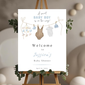 Baby Boy Shower Welcome Sign Baby Blue Shower Welcome Poster Clothes Line Welcome Sign Boy Baby Shower Sign Digital Template