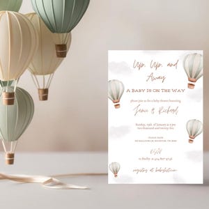Convite para chá de bebê Up Up And Away, tema de chá de bebê com balão de ar quente, modelo digital neutro para chá de bebê