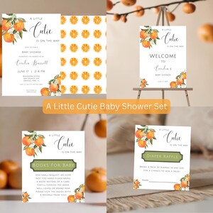 Baby Shower Set A Little Cutie Is On The Way Set Orange Theme Baby Shower Invite Welcome Sign Books For Baby & Diaper Raffle Cards Bundle