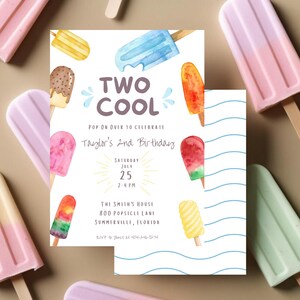 Second Birthday Invitation Two Cool Invite Popsicle Theme Birthday Party Summer Party Invite Ice Cream Party Invitation Digital Template