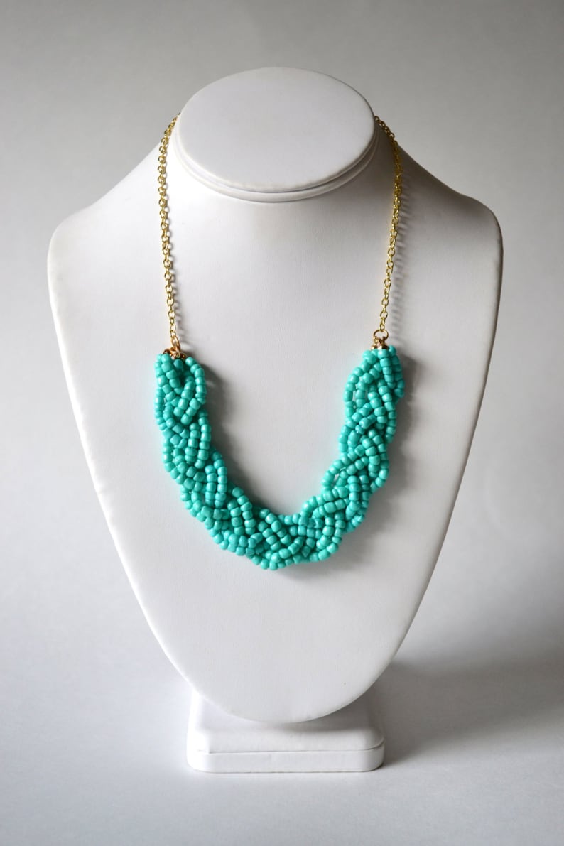 Teal Beaded Braid Statement Necklace Teal Necklace Teal Etsy