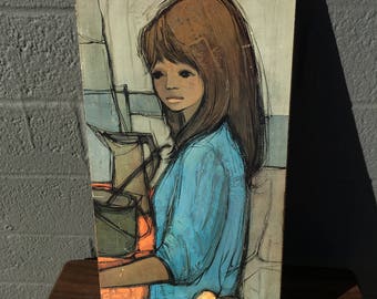 Jaklien Moerman Print on Board Girl at Picnic Mid Century Print Big Eyed Girl 1960's