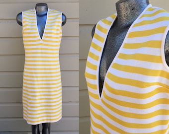 Medium Trevira 2000 1960s Shift Dress by Carin of Italy Yellow White Sunshine