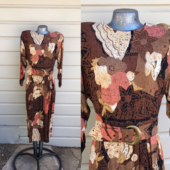 Large Floral Blouson Rayon Dress 1980s Brown Cream