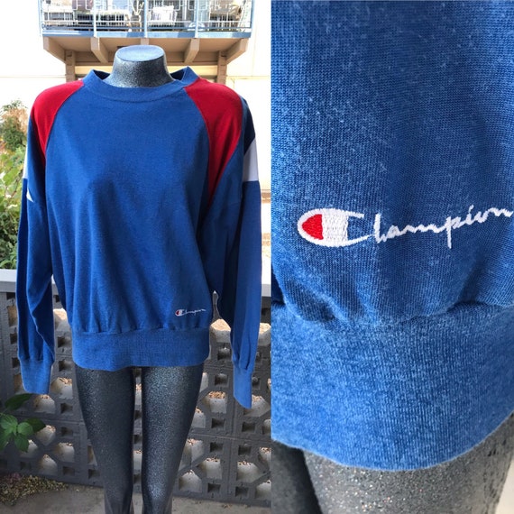 Large Ladies Vintage Eighties Champion Sweatshirt Blue Red White