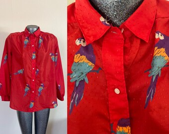 Vintage Large 80s Evan Picone Parrot Blouse Red Purple