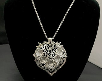 Vintage Floral Sweetheart Pendant with 16" Sterling Rope Chain, Eastern European 916 Silver Open Work Heart, 925 Silver Valentines Necklace