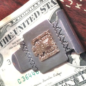 Vintage Sterling 18K Gold Peru Money Clip Solid Inlayed Viracocha Tiwanaku Civilization God of Agriculture Inca Sun Deity Antique Groom Gift