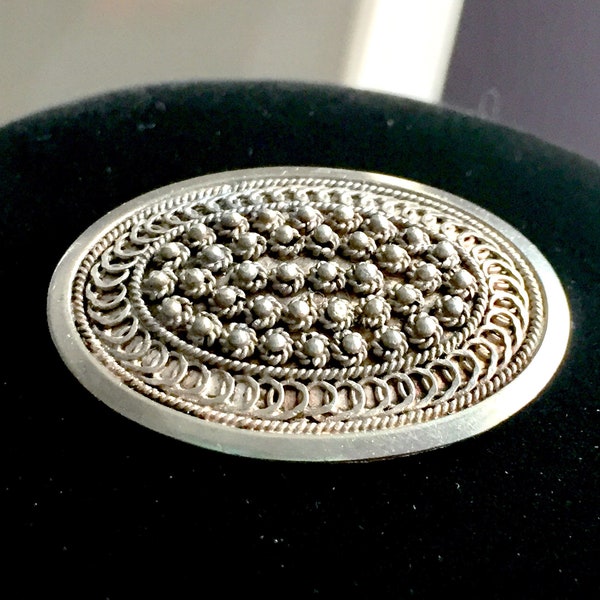 Vintage Pure 1000 Silver Shield Brooch Palestine Jerusalem Jewelry Raised Silver Beads Overlapping Circles Wire Work Old Oval Pin C Clasp