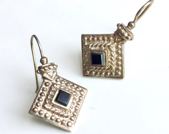 Vintage Sterling Onyx Pierced Earrings Square Dangle French Hook 925 Silver Handmade Artistic Ornate Detailed Southwestern July Birthstone