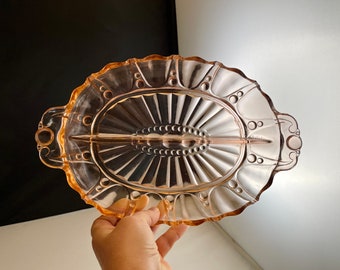 Vintage Clear Blush Pink Divided Tempered Glass Platter, NOS Anchor Hocking Mid-Century Modern Depression Glass, Cottage Chic Retro Dining