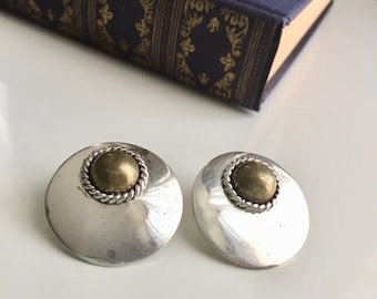 Vintage Sterling Mexican Shield Pierced Earrings Signed 925 Silver Large Golden Ball Detail Dual Tone Bold Boho Modern Statement Jewelry