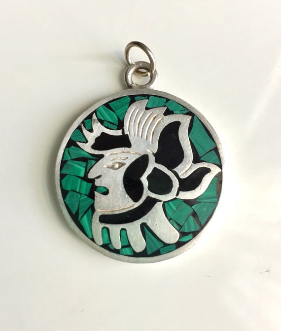 Vintage Sterling Malachite Tribal Pendant Double-S