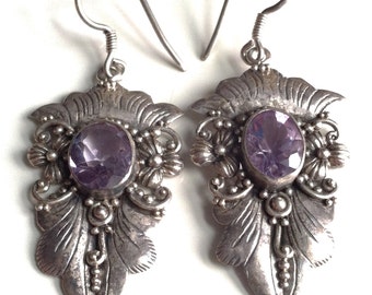 Vintage Sterling Amethyst Artistic Dangle Earring Handmade French Hook 925 Silver Rose de France Pierced Organic Earring February Birthstone