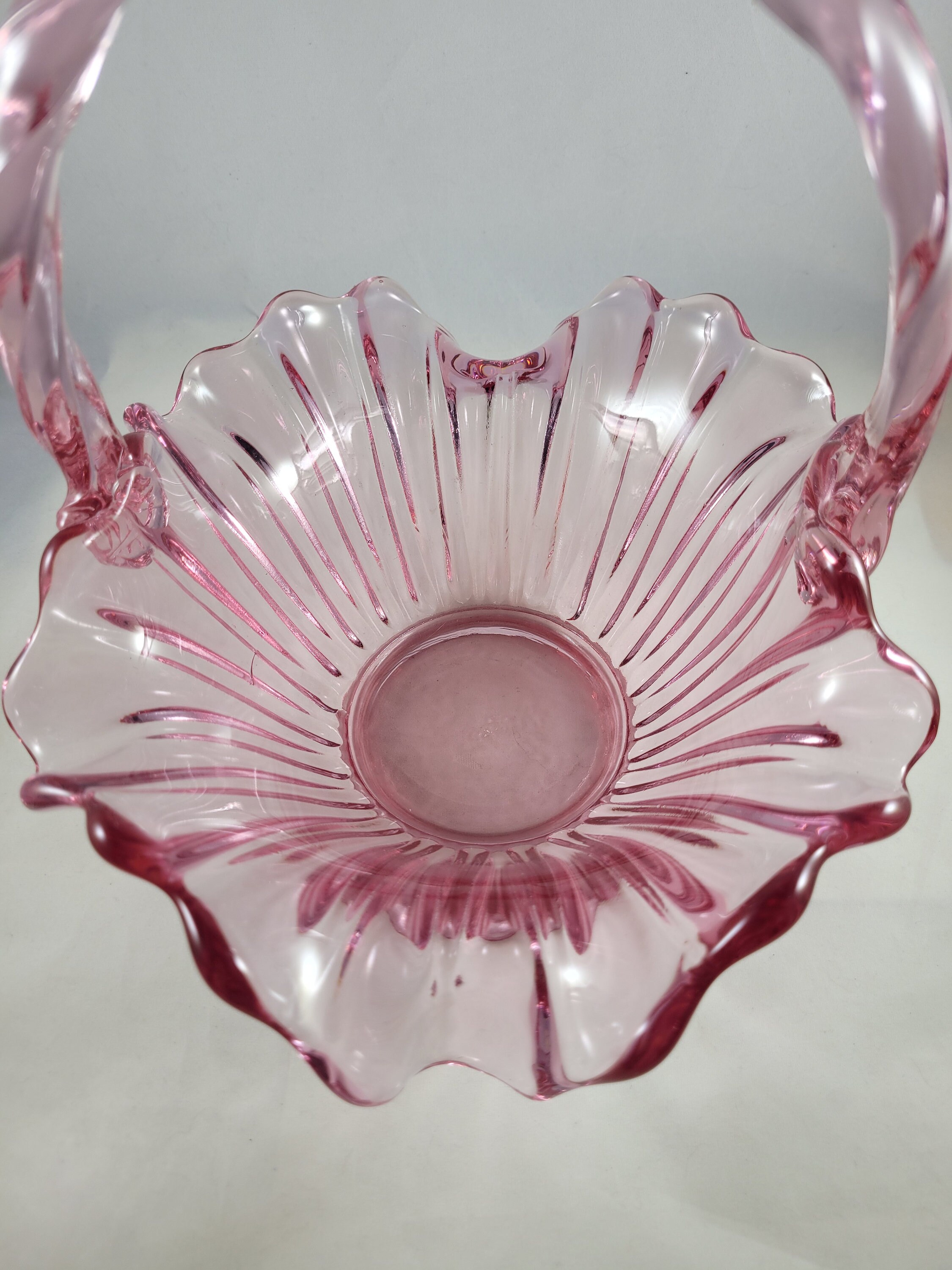 FENTON ART Glass Rose Colored Open Basket With Handle, Ruffled