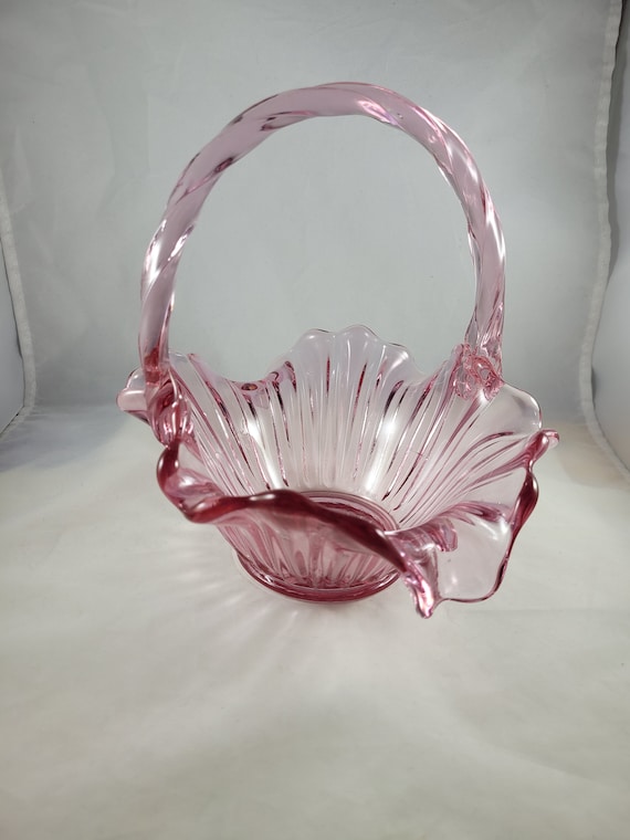 FENTON ART Glass Rose Colored Open Basket With Handle, Ruffled