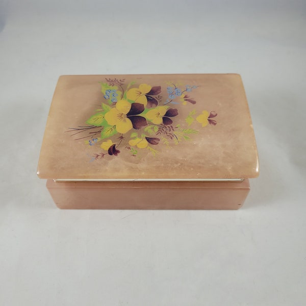 Vintage Pink Alabaster Hinged Rectangle Jewelery Box Floral Pattern on the Lid