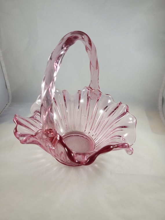 FENTON ART Glass Rose Colored Open Basket With Handle, Ruffled
