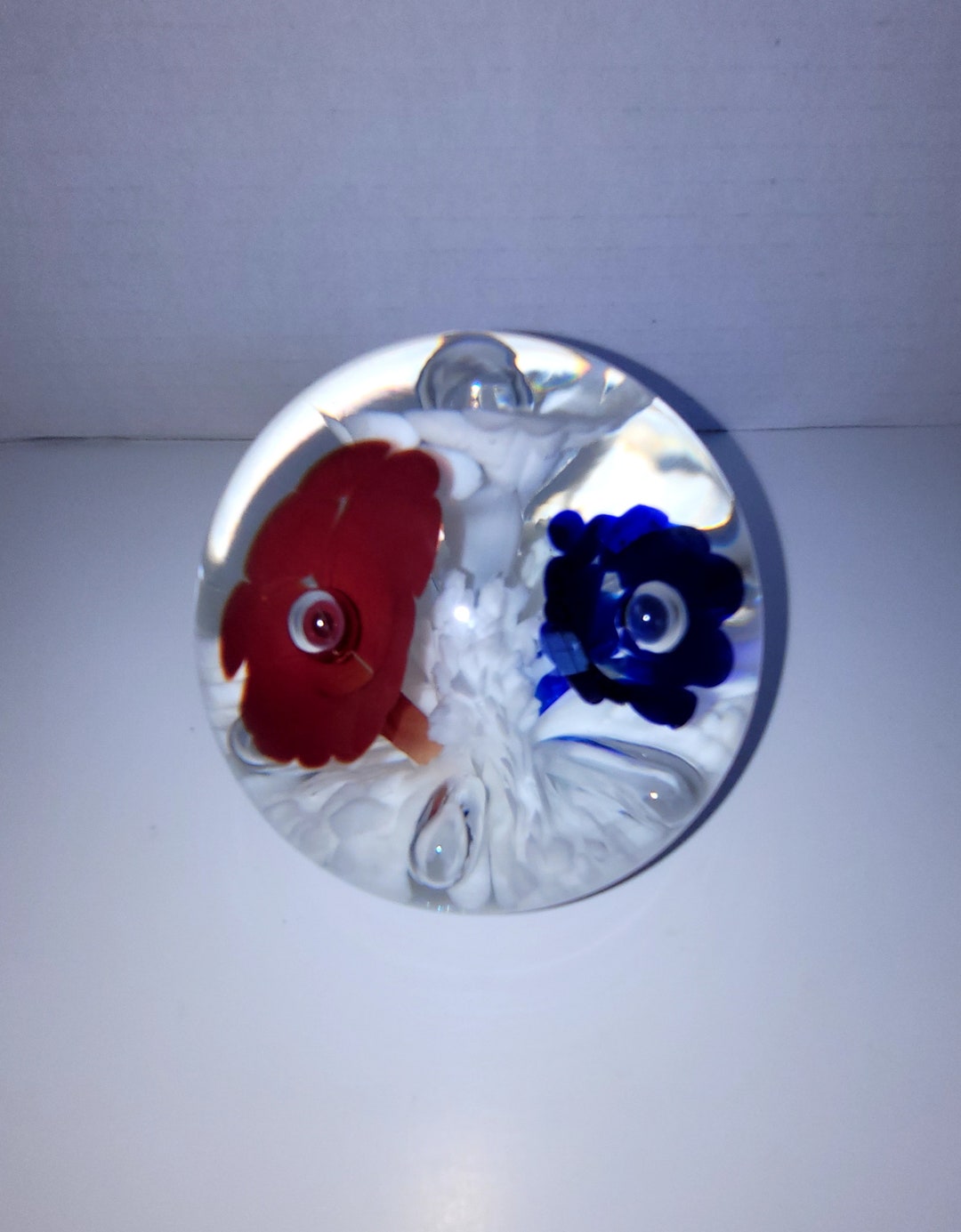 Joe Rice Art Glass Paperweight: Red, White, and Blue Trumpet Flowers - Etsy