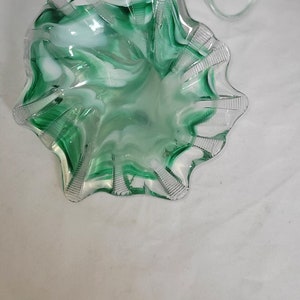 Handblown Art Glass Green and White Trumpet Flower with Curly End