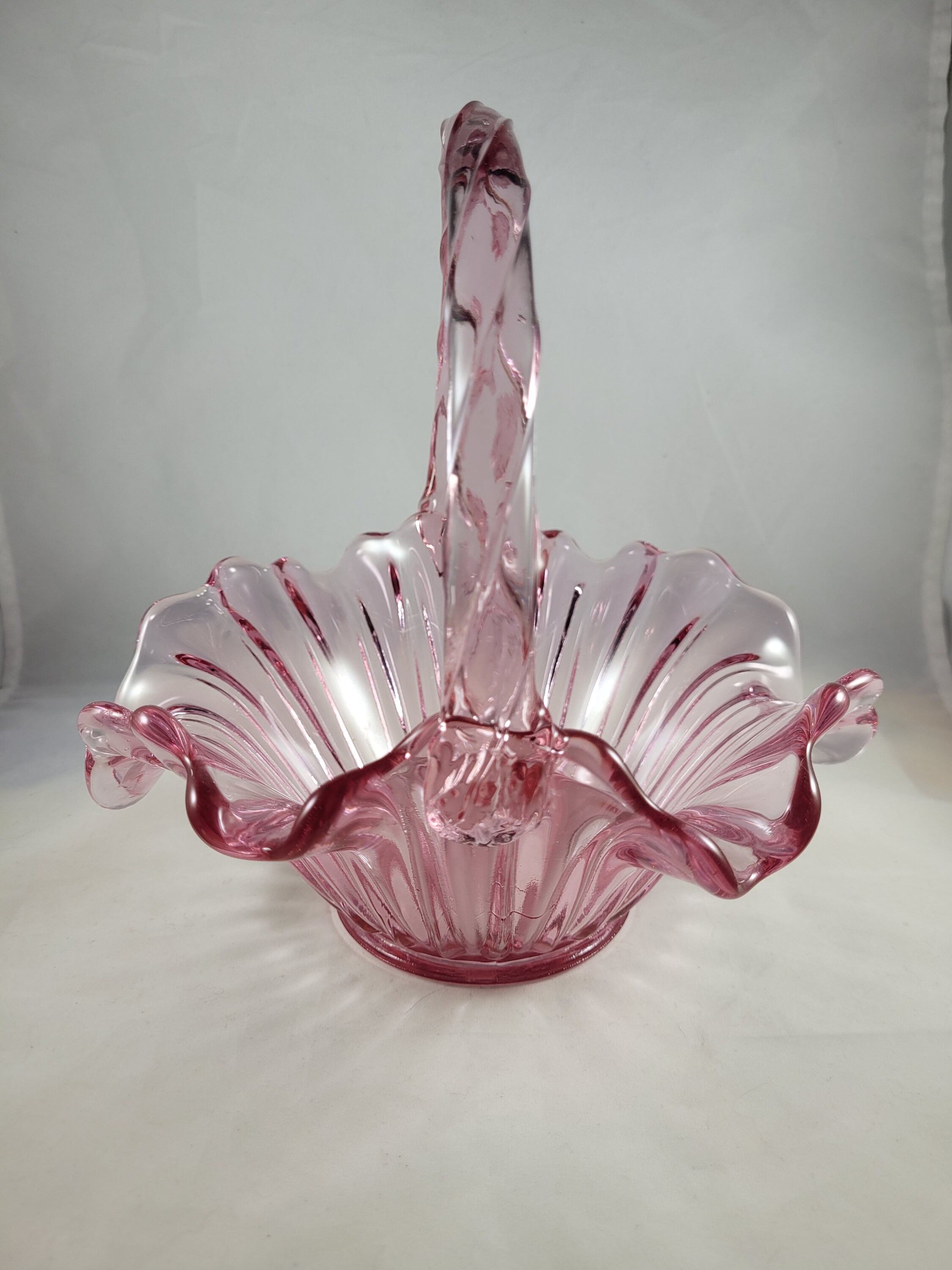 FENTON ART Glass Rose Colored Open Basket With Handle, Ruffled
