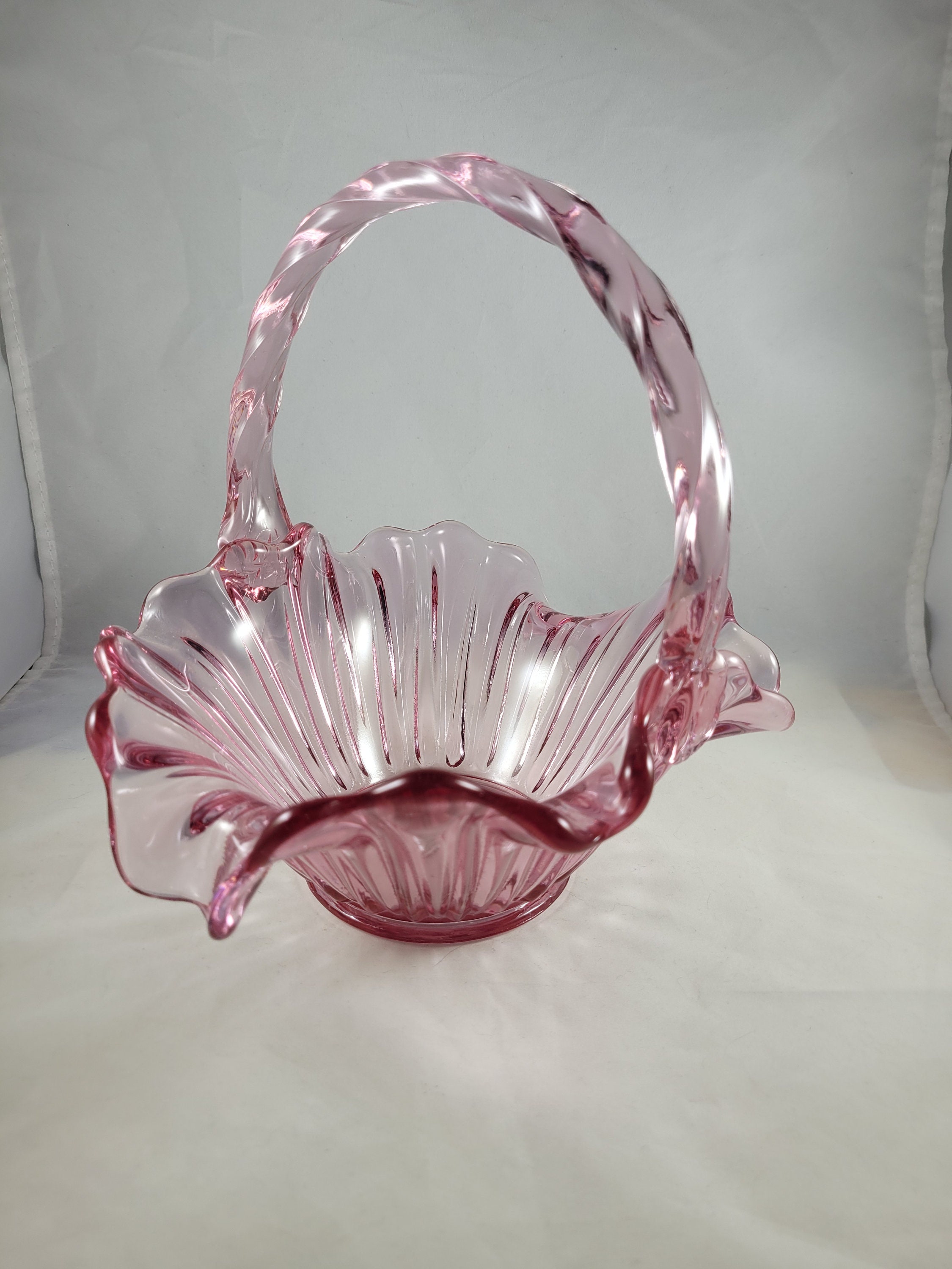 FENTON ART Glass Rose Colored Open Basket With Handle, Ruffled
