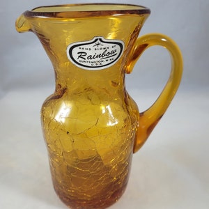 Vintage Rainbow Glass Hand Blown Crackle Amber Small Pitcher Huntington W. Virginia.