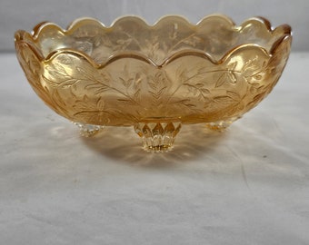 Vintage Jeannette-glas Floragoudkleurige notensnoepschaal in ambergrijs.