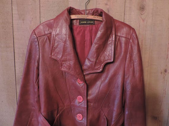70's Leather Jacket Fitted at waist Burgundy Genu… - image 10