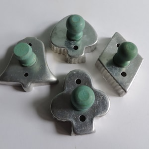 Vintage Cookie Cutters Green Wood Handle Aluminum Country Farmhouse Holiday Sugar Cookie Cutters featuring Green Knobs