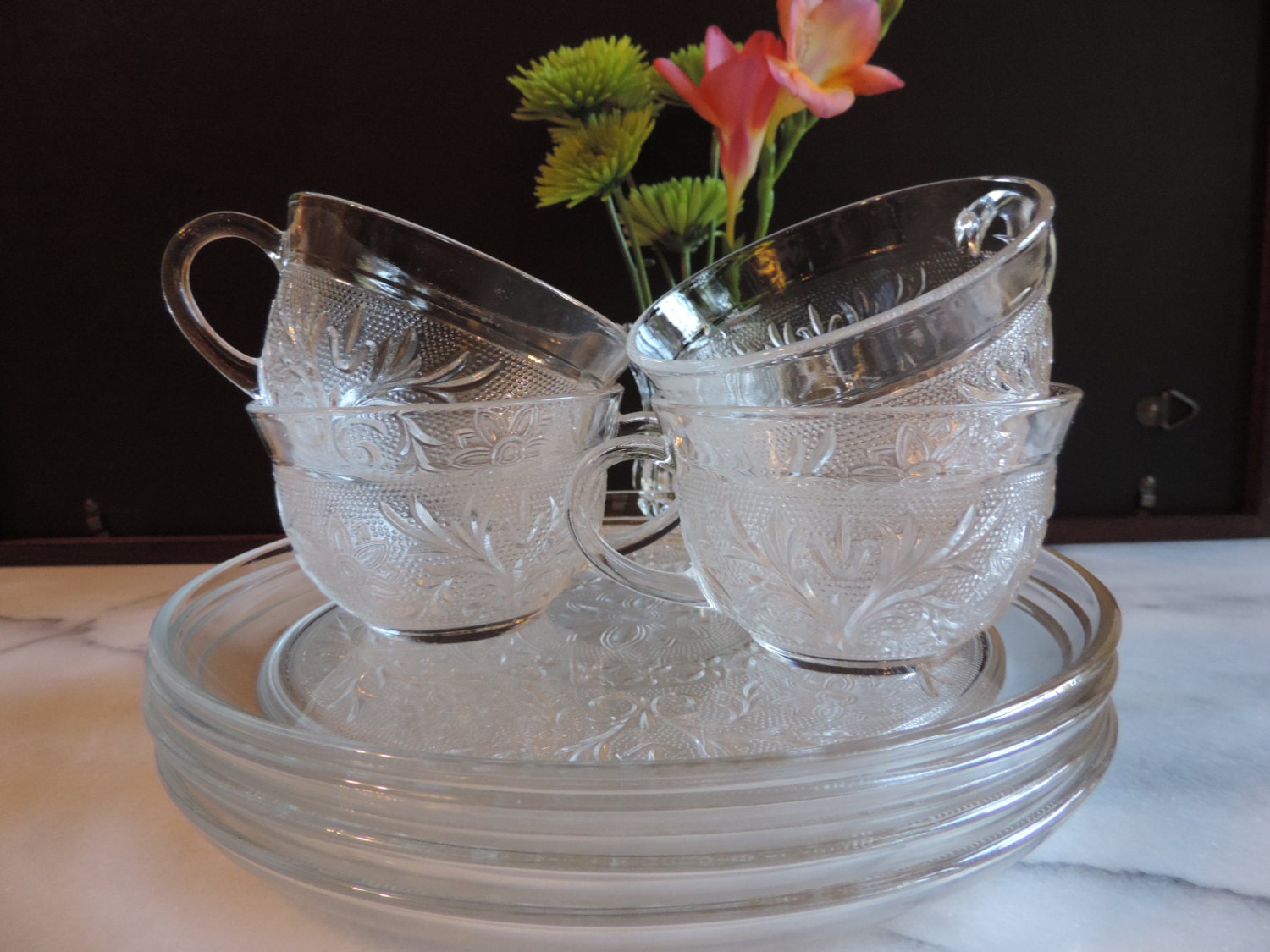 MCM Snack Plates Set of 4 Anchor Hocking Sandwich Pattern Luncheon Plates and Cups With Cup