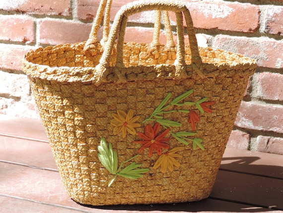 Vintage Straw Handbag Woven Beach Bag Large Straw Beach Tote Summer Trend Etsy Canada