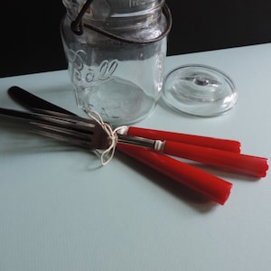 Vintage Flatware Bakelite Cherry Red Fork  Knives Permedge Stainless Steel Mid Century Collection Genuine Bakelite Stainless Steel Cutlery