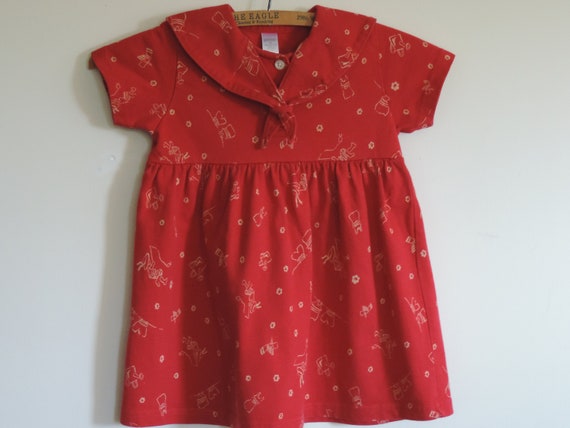 Vintage Toddler's Dress Lands End Red Floral Gard… - image 1