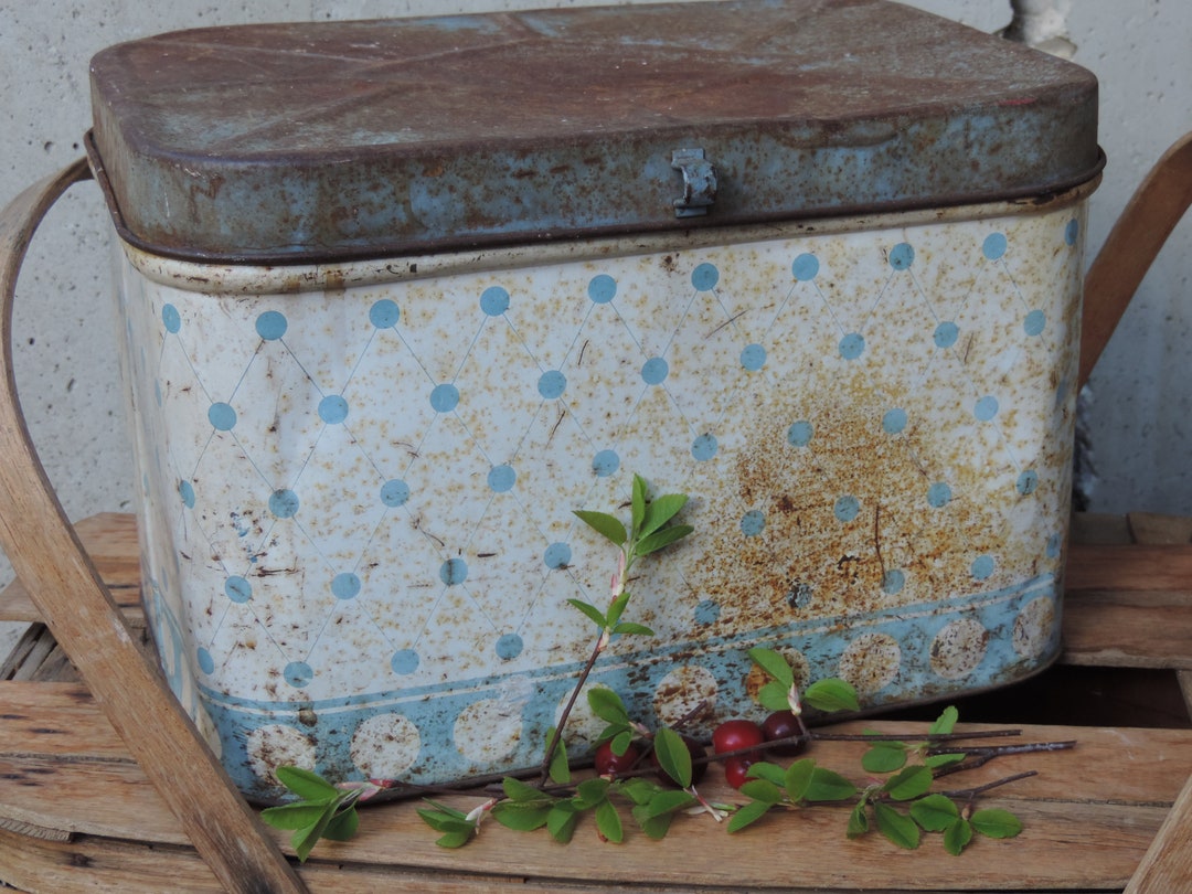 Vintage Rustic Bread Box Blue White Polka Dot Design Enamel Etsy